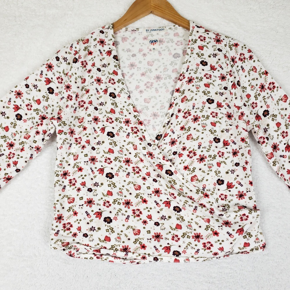 Junk Food Womens Floral Wrap Top White Red V-Neck Long Sleeve Tie Back Size M